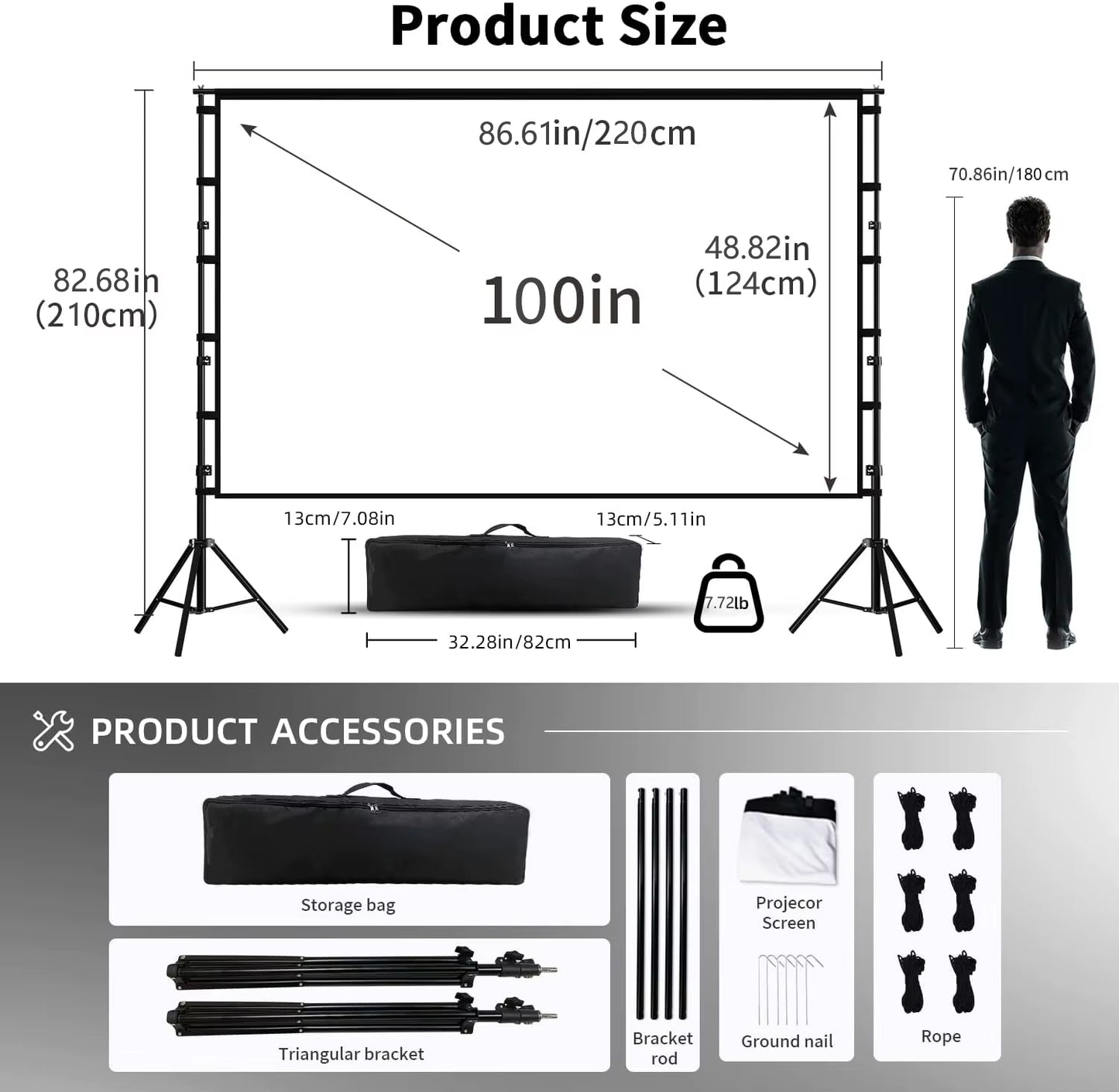 Projector Screen with Stand White Wrinkle-Free 160° Viewing Angle 60-150 Inch Double Sided Screen Home Theater Outdoor