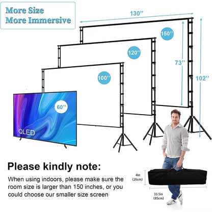 Projector Screen with Stand White Wrinkle-Free 160° Viewing Angle 60-150 Inch Double Sided Screen Home Theater Outdoor