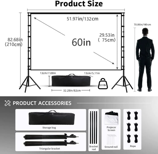 Projector Screen with Stand White Wrinkle-Free 160° Viewing Angle 60-150 Inch Double Sided Screen Home Theater Outdoor