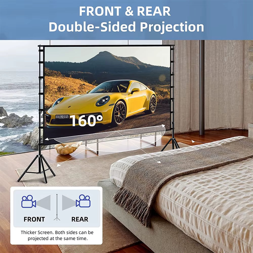 Projector Screen with Stand White Wrinkle-Free 160° Viewing Angle 60-150 Inch Double Sided Screen Home Theater Outdoor