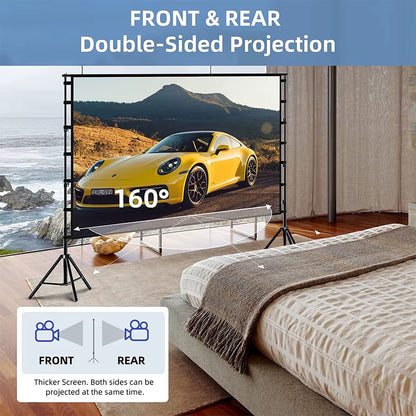 Projector Screen with Stand White Wrinkle-Free 160° Viewing Angle 60-150 Inch Double Sided Screen Home Theater Outdoor