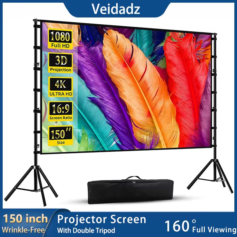Projector Screen with Stand White Wrinkle-Free 160° Viewing Angle 60-150 Inch Double Sided Screen Home Theater Outdoor