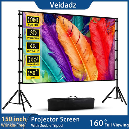Projector Screen with Stand White Wrinkle-Free 160° Viewing Angle 60-150 Inch Double Sided Screen Home Theater Outdoor