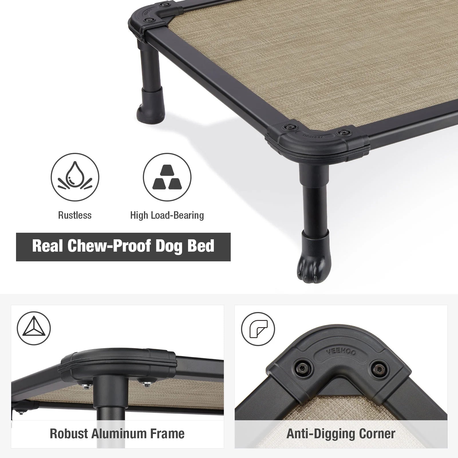 Chew Proof Dog Bed, Cooling Raised Pet Cot, Rustless Aluminum Frame, Beige Coffee, X Large