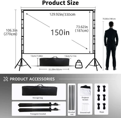 Projector Screen with Stand White Wrinkle-Free 160° Viewing Angle 60-150 Inch Double Sided Screen Home Theater Outdoor